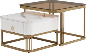 Set di 2 tavolini Fortuna Lai, piano in marmo e vetro, accenti dorati, 1 cassetto, bianco