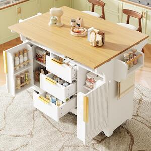 Isola da cucina mobile, dimensioni 120x40x95 cm, realizzata in MDF bianco con finitura effetto legno di quercia, dotata di piano di lavoro ribaltabile su entrambi i lati, ideale per cucina e sala da pranzo