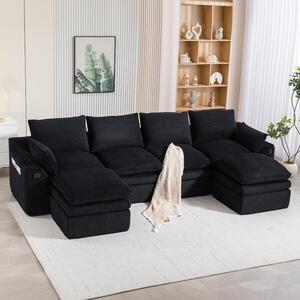 Divano modulare a 4 posti, rivestito in tessuto nero, dimensioni 335x167x85 cm, completo di 2 poggiapiedi, cuscini, tasche laterali e imbottitura in schiuma a 3 strati con nucleo in molle