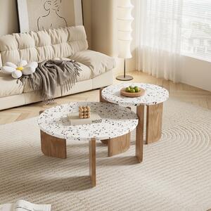 Fortuna Lai set di 2 tavolini, set di tavolini con gambe in legno, set di tavolini rotondi, tavolino bianco da salotto design tavolini 70x70x35/50x50x45,5cm