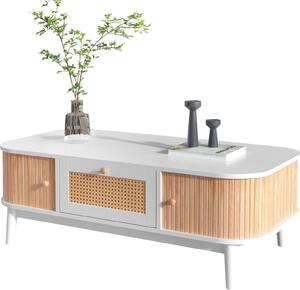 Tavolino in stile country Fortuna Lai 110 x 55 x 38,5 cm - Tavolino con cassetti e ante in rattan - Bianco
