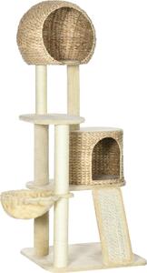 Fortuna Lai Tiragraffi per gatti Con casetta in rattan, diverse piattaforme, amaca e rampa, protezione antiribaltamento, peluche, beige, 60 x 60 x 150 cm