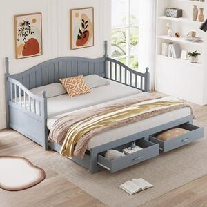 Divano letto estraibile, dimensioni 90x190 cm aperto 180x190 cm, divano letto in legno grigio realizzato in legno di pino, con 2 cassetti e rete a doghe