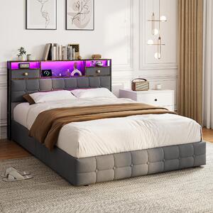 Letto imbottito REMZETTA, 160x200 cm, grigio, con LED, USB e porta Type-C, testiera con spazio contenitore e contenitore a cassetti integrato