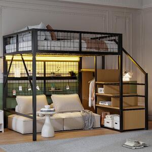 Letto a soppalco in metallo, nero, dimensioni 140x200 cm, con scala, spazio contenitivo, armadio aperto e strisce LED controllabili tramite app, ideale per camerette
