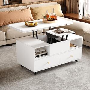 Fortuna Lai Tavolino regolabile in altezza con funzione ribaltabile e 4 cassetti, 100 x 50 x 47,5 cm, un tavolo elevabile idraulico grande e uno piccolo, tavolino da salotto mobile con rotelle universali, tavolino da divano, bianco