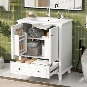 Fortuna Lai 76x46x87 cm Mobile da bagno a terra con lavabo, lavandino, gambe in legno massello, verniciatura completa, resistente all'umidità e all'acqua, ampio spazio di stoccaggio, lavabo in Vetroceramica integrato, bianco