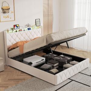 Letto imbottito 160x200 cm con contenitore, luci LED RGB, porta USB-C, sistema di sollevamento idraulico, spazio contenitivo, testiera imbottita, letto matrimoniale color beige