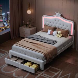 Letto imbottito Fortuna Lai 140x200cm con rete a doghe, letto per ragazzi con led e cassetto, letto matrimoniale con cornice a , PU, bianco