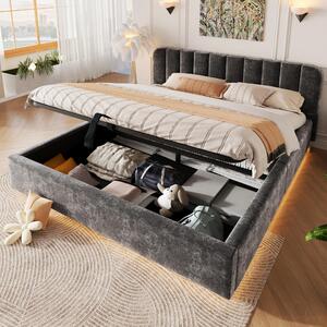 Letto imbottito 180x200 cm, color antracite, con rivestimento in tessuto tipo ciniglia, contenitore a sollevamento idraulico, striscia LED e testiera imbottita, ideale per la camera da letto