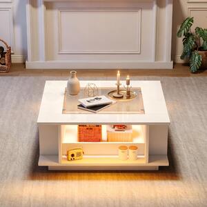 Tavolino bianco lucido, dimensioni 70x70x30 cm, realizzato in pannello di particelle con piano in vetro, illuminazione a LED e vani a giorno, ideale per il soggiorno