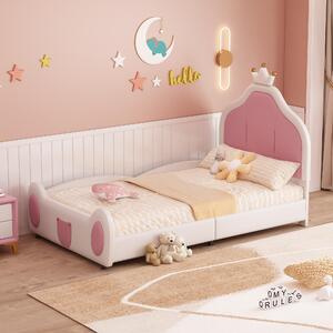 Letto imbottito Fortuna Lai per bambini, 90*200 cm, testiera con cornice, design infantile con listelli alla testiera e ai piedi del letto, design patchwork bicolore, tessuto in Pelle finta, bianco