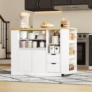 Isola da cucina 115x50x92 cm in MDF, con finitura bianca e aspetto legno naturale, dotata di piano di lavoro estendibile e girevole, ideale per cucina e sala da pranzo