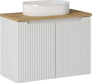 Mobile Bagno Bianco 80 Cm Con Piano In Rovere E Lavabo Da Appoggio