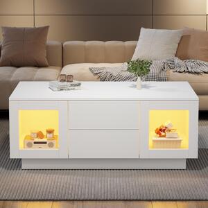 Tavolino da salotto 100x50x40 cm con ante in vetro, finitura bianca lucida, realizzato in MDF, dotato di illuminazione RGB dimmerabile e 2 cassetti