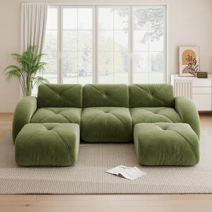 Divano modulare a forma di U, rivestito in chenille verde, con tre posti, senza struttura a vista, con poggiapiedi, ideale per il soggiorno, dimensioni 281x171x76 cm, resistente ai graffi e senza necessità di montaggio