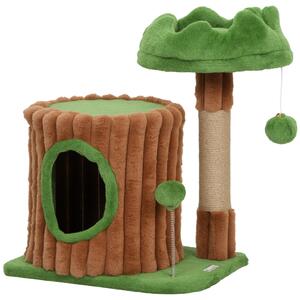 PawHut Albero tiragraffi per gatti 53 cm design a tronco con casetta cuccia palo in iuta palline marrone e verde | Aosom Italy