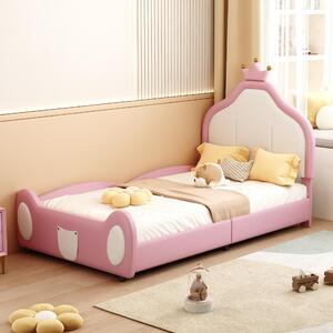 Letto imbottito per bambini Fortuna Lai, 90*200 cm, testiera con cornice decorativa, design infantile con listelli alla testiera e ai piedi del letto, design patchwork bicolore, tessuto in Pelle finta, rosa
