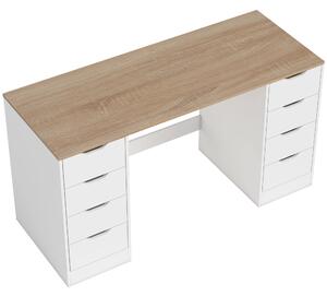 HOMCOM Scrivania con 8 cassetti, salvaspazio e stabile, 140 c, Bianco e Legno naturale | Aosom Italy