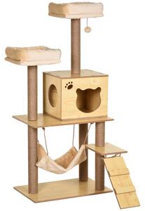 PawHut Albero Tiragraffi per Gatti con Casetta, 2 Lettini, Amaca e Pallina, in Legno, Poliestere e Sisal, 60x40x130 cm | Aosom Italy