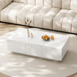 Tavolino 100x50x31cm, tavolo da soggiorno lucido con struttura di contenimento push-pull, cassetti bifacciali, bianco