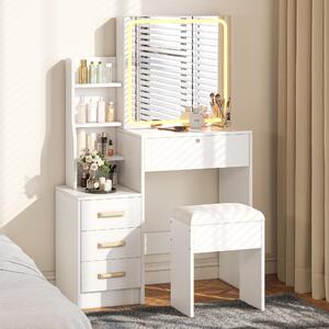 Comò da trucco REMZETTA con specchio a LED e sgabello, 4 cassetti, specchio scorrevole con spazio contenitivo, 3 colori di luce regolabili, tavolino da trucco per camera da letto, bianco