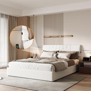 Letto imbottito Fortuna Lai 140x200cm, giroletto idraulico con connessione di ricarica USB sulla testata, letto per adulti con contenitore, orsetto in pile, bianco