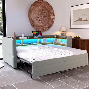 Fortuna Lai Letto imbottito Divano letto estraibile 90/180*190 cm, dotato di luci a LED, prese di corrente e numerosi vani portaoggetti, letto imbottito, divano letto multifunzionale, letto singolo, grigio chiaro