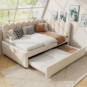 Divano letto imbottito a L, 140x200 cm, con schienale a motivi floreali e letto estraibile, in velluto, beige