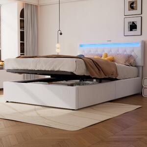 Letto imbottito 140x200 cm con rivestimento in lino bianco, dotato di spazio contenitore e illuminazione LED con controllo tramite app integrata nella testiera, ideale per la camera da letto