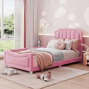 Letto imbottito Fortuna Lai 90x200cm, letto per bambini in flanella, letto piano con 1 telaio laterale e schienale, con rete a doghe e testata, rosa