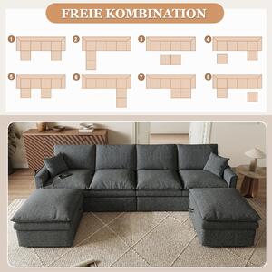 Divano angolare modulare a forma di "U" o "L", dimensioni 277x135x80 cm, rivestito in cotone e lino grigio, con 2 poggiapiedi mobili dotati di spazio contenitivo e porte USB/Type-C