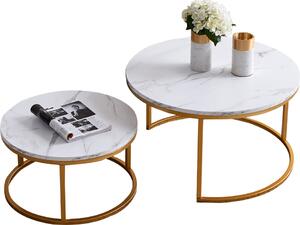 Fortuna Lai set di 2 tavolino rotondo tavolino (finto marmo) per il soggiorno, dimensioni grandi: 80x80x45cm; dimensioni piccole: 60 x 60 x 33 cm, oro