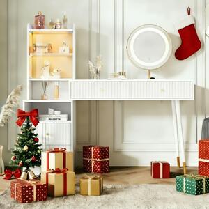 Set da toeletta Fortuna Lai con specchio LED a tre colori, quattro cassetti, 1 armadio illuminato con ante in vetro, 1 vano portaoggetti aperto, bianco, dimensioni: 100 x 40 x 125 cm (senza sgabello)