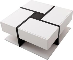 Tavolino quadrato Fortuna Lai in look lucido, con 4 cassetti, design unico, spazio di archiviazione sottostante, bianco