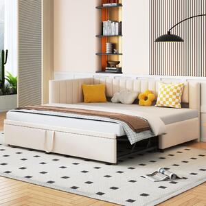 Letto imbottito 90x200 cm, color beige, divano letto a forma di L con letto estraibile, rivestito in velluto, letto aggiuntivo salvaspazio ideale per la camera da letto