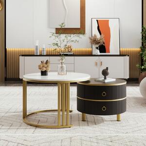 Fortuna Lai set di 2 tavolini, 70 x 50 cm - con piano in vetro marrone, 2 cassetti, design moderno - nero