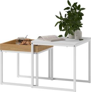Fortuna Lai Tavolino moderno, set di 2 tavolini da salotto, per spazi ridotti, quadrato, MDF, metallo, bianco