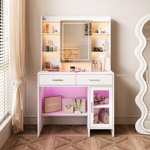 Tavolo da toilette Fortuna Lai con illuminazione LED, luminosità regolabile, tavolo da toilette con specchio, tavolo cosmetico con cassetti, vani a giorno, ripiani regolabili, moderno, bianco