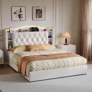 Letto imbottito 140x200 cm con spazio contenitore a sollevamento idraulico, sistema RGB, testiera con vani portaoggetti, 2 prese USB e superficie di ricarica wireless da 15W, rivestito in velluto color beige, senza materasso