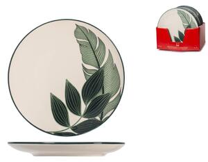 Set 12 piatti piani Maranta in stoneware decorato colore avorio e verde cm 26