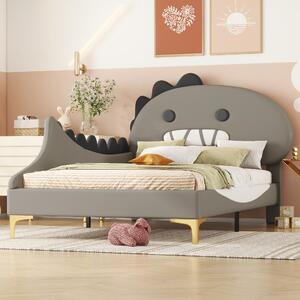Letto imbottito Fortuna Lai, letto per bambini 90x200cm con testata a forma di dinosauro cartoon in Pelle finta, grigio