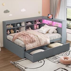 Letto matrimoniale in legno massello, dimensioni 90x200 cm, colore grigio, con spazio contenitivo, prese USB e di corrente, striscia LED integrata nella testiera, dotato di mensole e vani portaoggetti