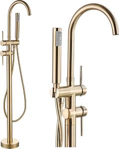 Miscelatore da bagno freestanding ARI, rubinetto vasca con doccetta, beccuccio girevole 360 gradi, ottone spazzolato oro
