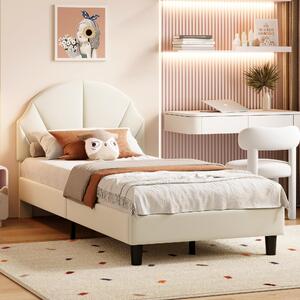 Letto per bambini 90x190 cm, letto imbottito per bambine con testiera a forma di conchiglia, regolabile in altezza, rete a doghe, tessuto velluto color beige, letto per adolescenti senza materasso