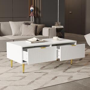 Fortuna Lai Tavolino moderno bianco con dettagli dorati, 2 cassetti, design a strisce verticali, 100*50*40 cm, tavolino da salotto, mobile basso per divano