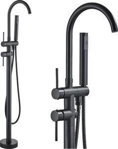 Miscelatore da bagno freestanding ARI, rubinetto vasca nero opaco con doccetta, beccuccio girevole a 360 gradi, cartuccia Vetroceramica