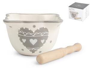 Mortaio Cuore Grigio in ceramica con pestello in legno