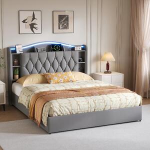 Letto imbottito 140x190 cm con spazio contenitore a sollevamento idraulico, sistema RGB, testiera con vani portaoggetti, 2 prese USB e superficie di ricarica wireless da 15W, rivestito in velluto grigio, senza materasso