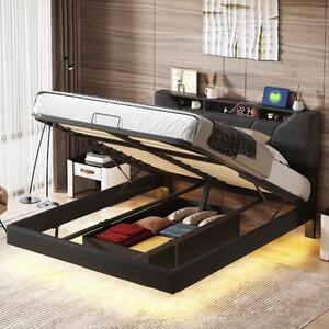 Letto imbottito Fortuna Lai 160x200 cm, letto galleggiante con LED, USB e Type-C, contenitore e testata regolabile in altezza, nero